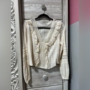 American Eagle Shirt Womens XS Beige V-neck Bohemian Peasant Top Lightweight